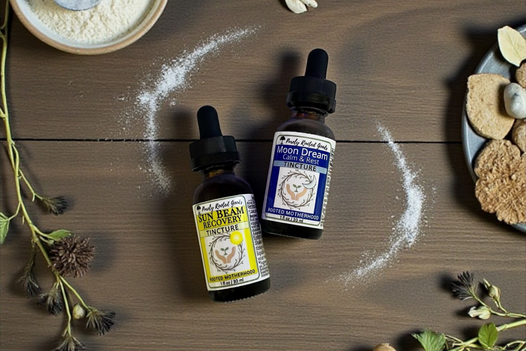 Rooted Motherhood tincture duo featuring Sun Beam Recovery and Moon Dream Calm & Rest herbal hormone support formulas