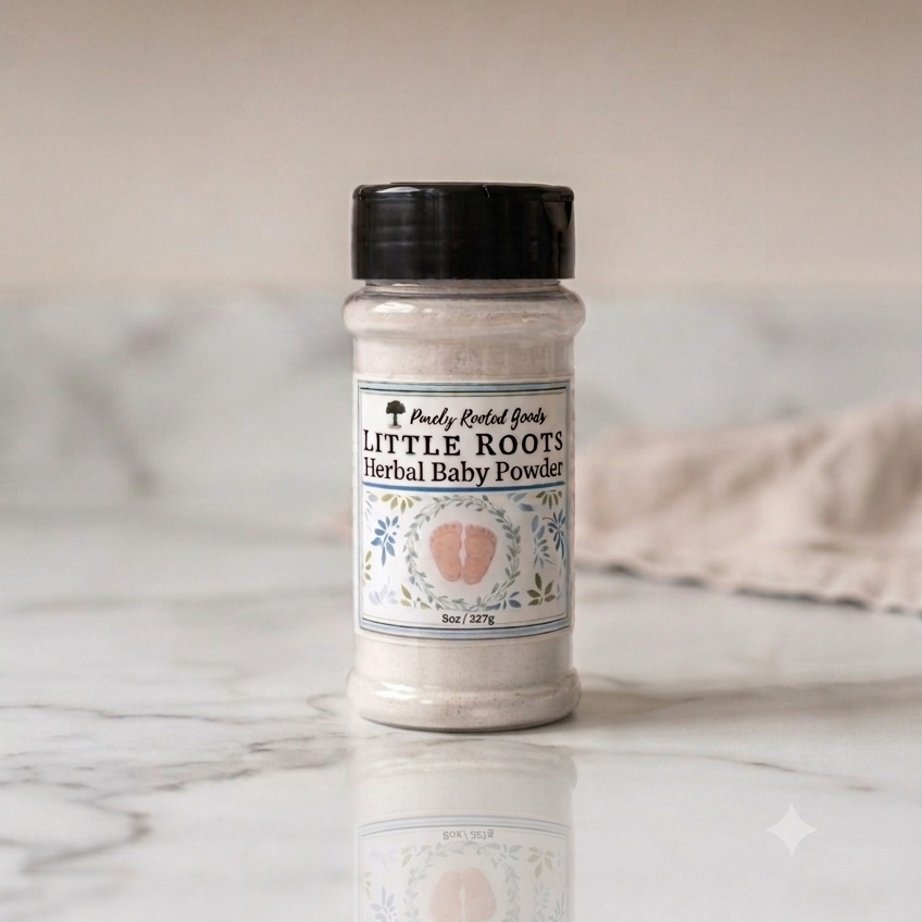 Little Roots talc-free herbal baby powder for delicate skin by Purely Rooted Goods
