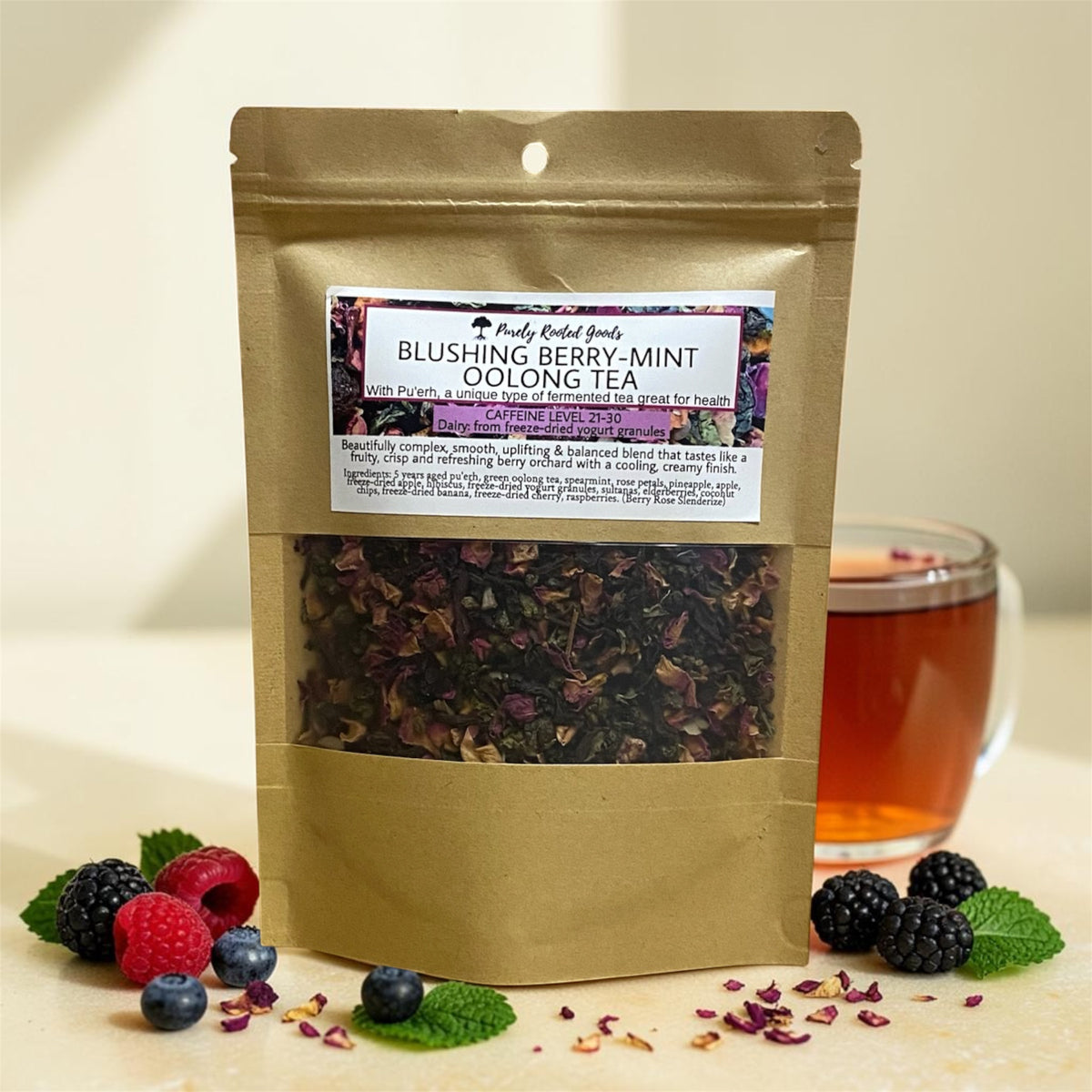 Blushing Berry-Mint Oolong Tea with aged pu’erh, berries, fruit, rose petals and spearmint by Purely Rooted Goods