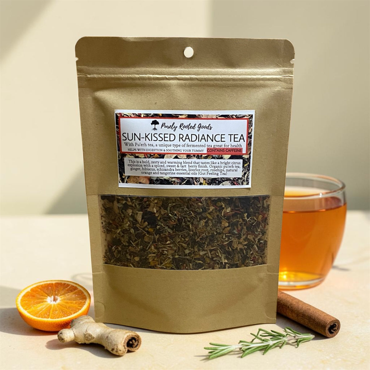 Sun-Kissed Radiance citrus pu’erh digestive support loose-leaf tea with ginger, hibiscus, berries and licorice root